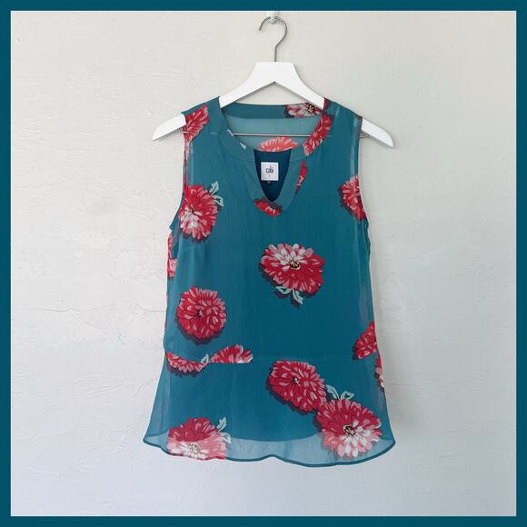 CAbi 3445 Blushing Floral Teal Blouse Small - Picture 1 of 6
